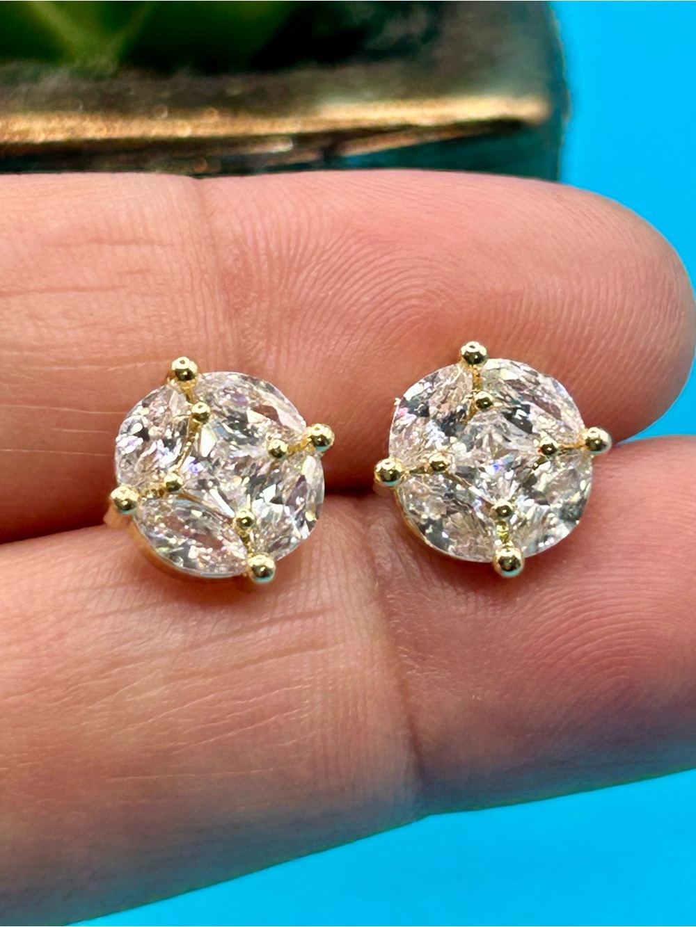 14K Gold Plated Round Cubic Zirconia Stud Earrings - Clear